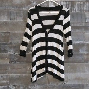 Robin K Long Sleeve Cardigan Sweater Womens Sz L? Loose Fit Black White Striped
